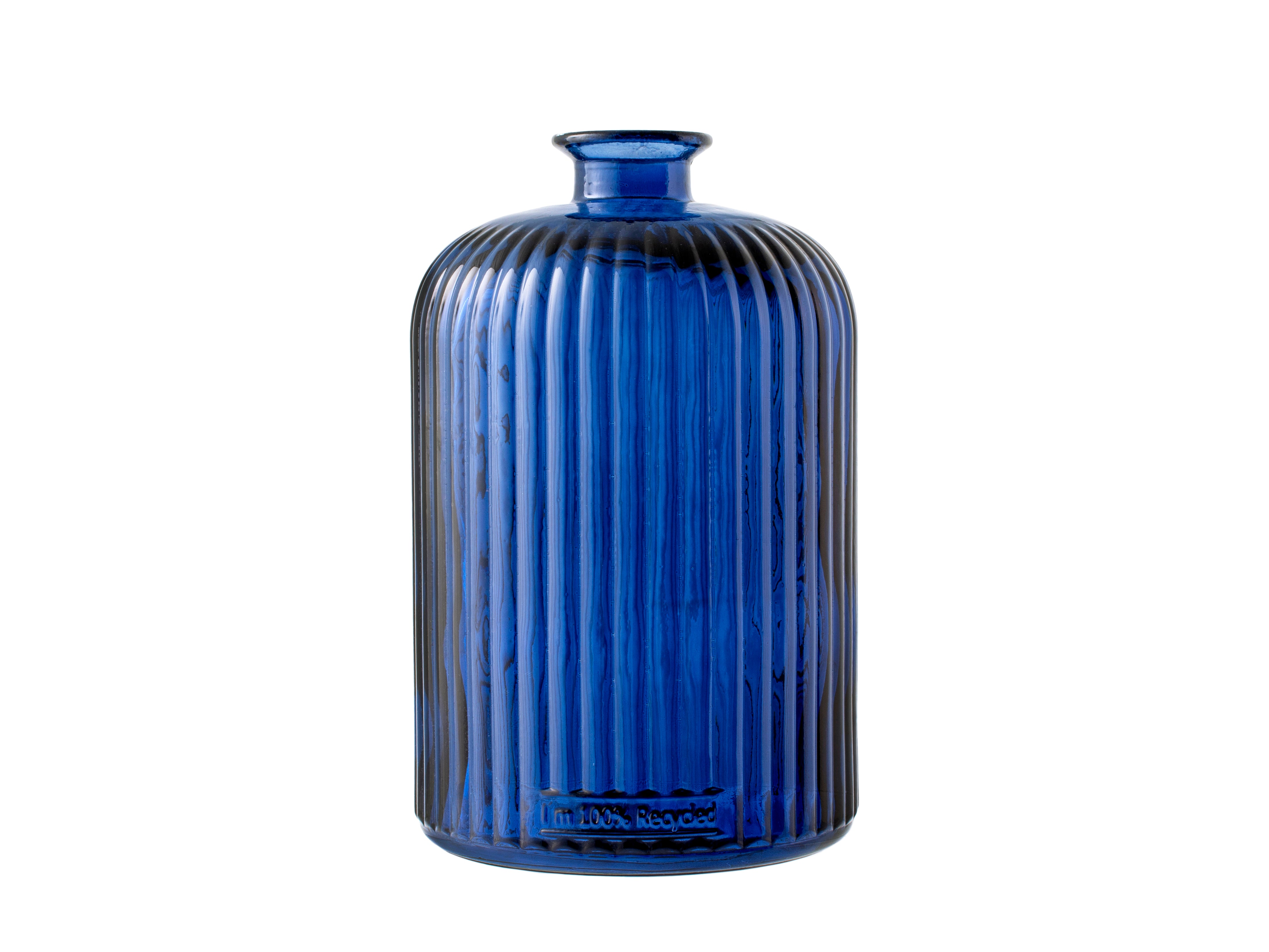 Vase en verre recyclé strié Pornic - Bleu Cobalt 23cm
