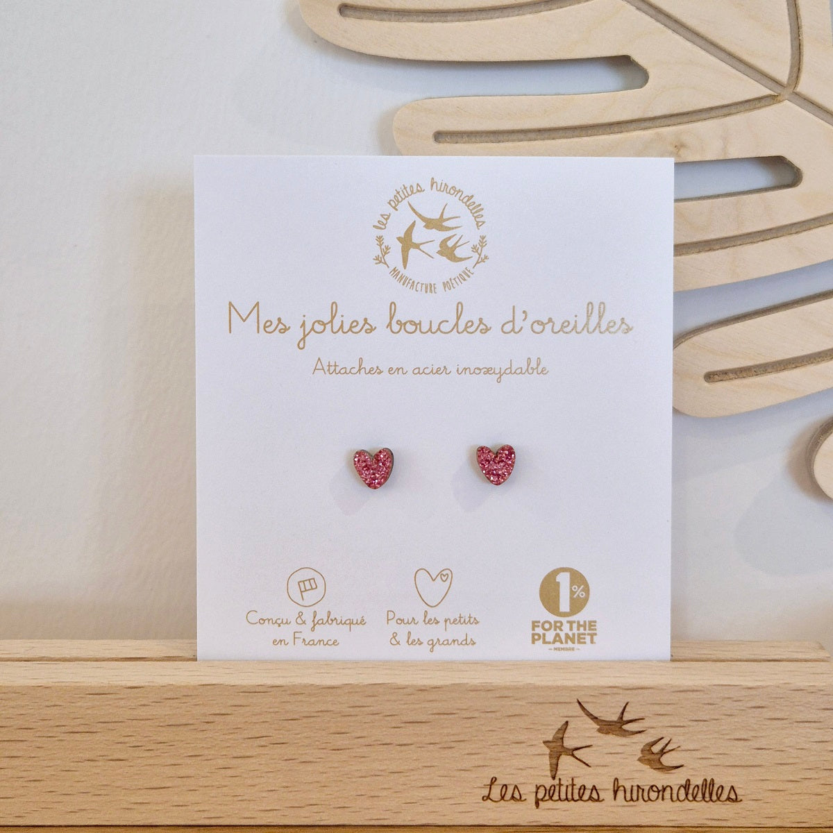 Boucle d'oreilles Coeurs - Rose pailleté
