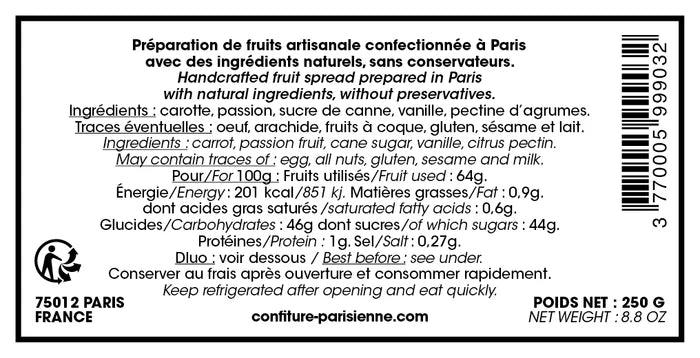 Confiture Carotte Passion et Vanille 250g