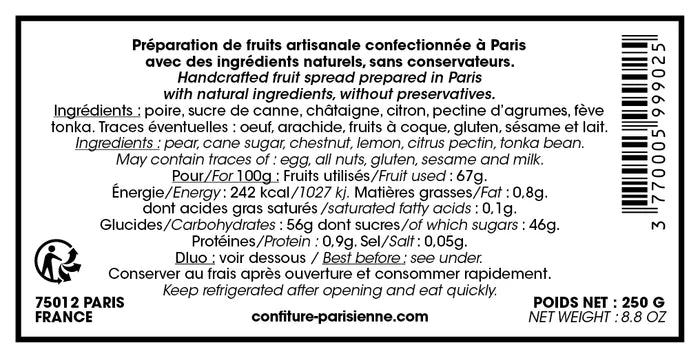 Confiture Châtaigne Poire Fève tonka - 250g