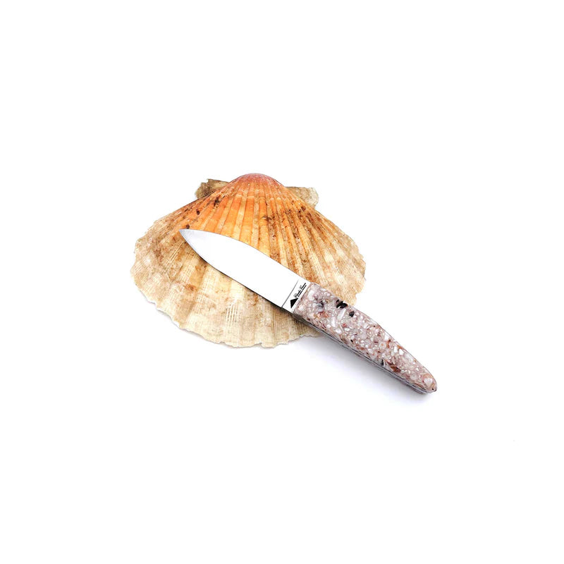 Petit couteau à huître avec un manche en coquilles St Jacques recyclées