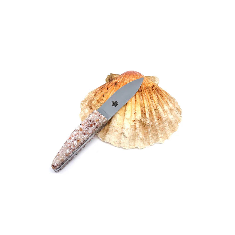 Petit couteau à huître avec un manche en coquilles St Jacques recyclées