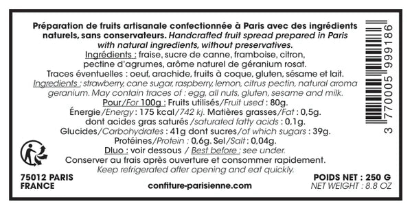 Confiture Fraise Framboise Géranium 250g