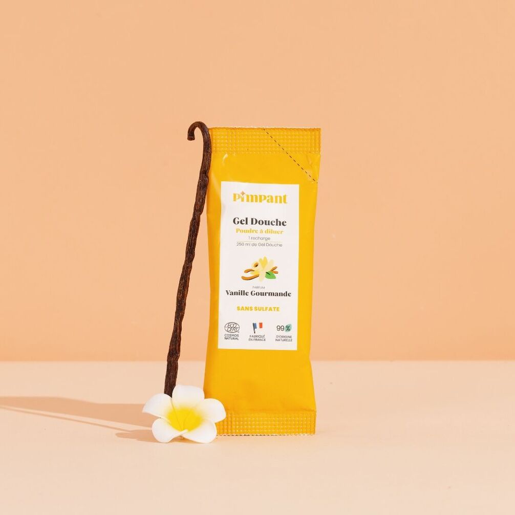 Gel douche vanille gourmande rechargeable en poudre à diluer