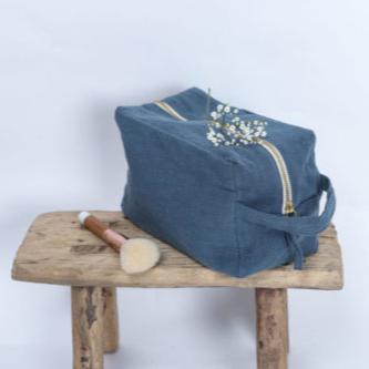 Trousse de toilette en lin - Bleu salé