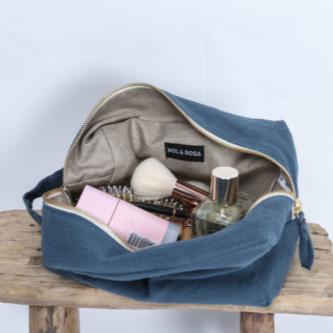 Trousse de toilette en lin - Bleu salé