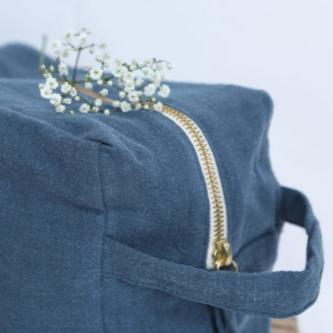 Trousse de toilette en lin - Bleu salé