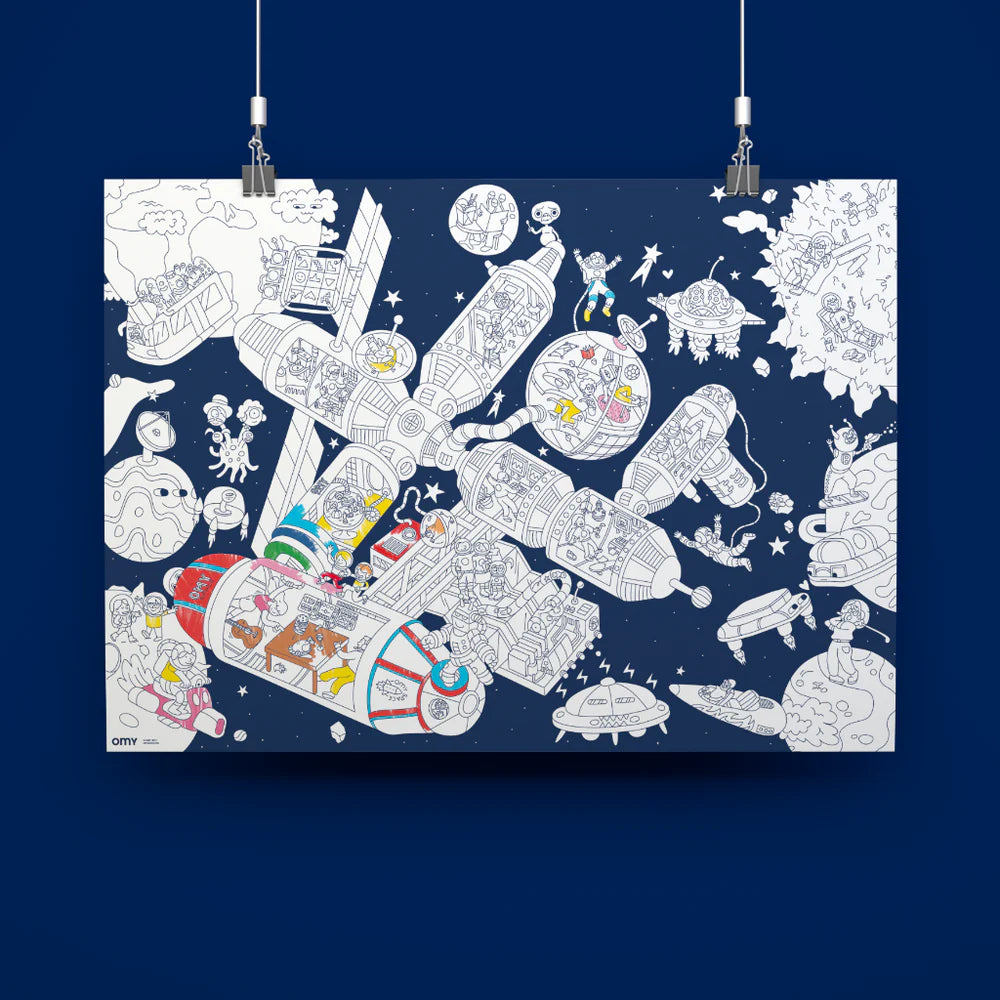 POSTER GEANT A COLORIER  SPACE STATION + STICKERS PHOSPHO