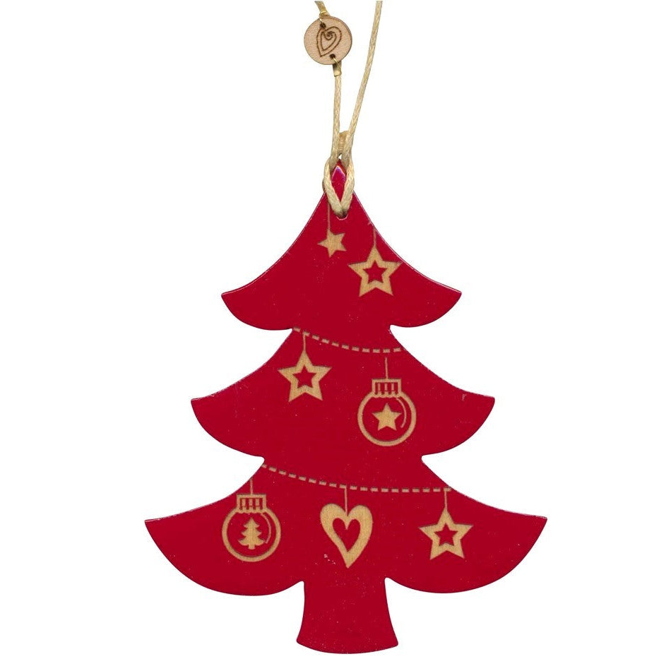 Suspension Noël en bois - Sapin rouge gravé