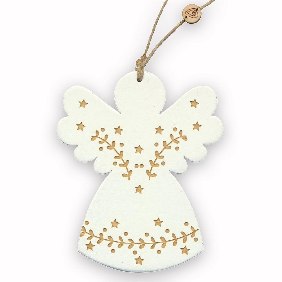 Suspension Noël en bois - Ange blanc gravé