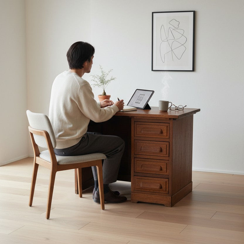 Bureau vintage en bois avec tiroirs et allonge