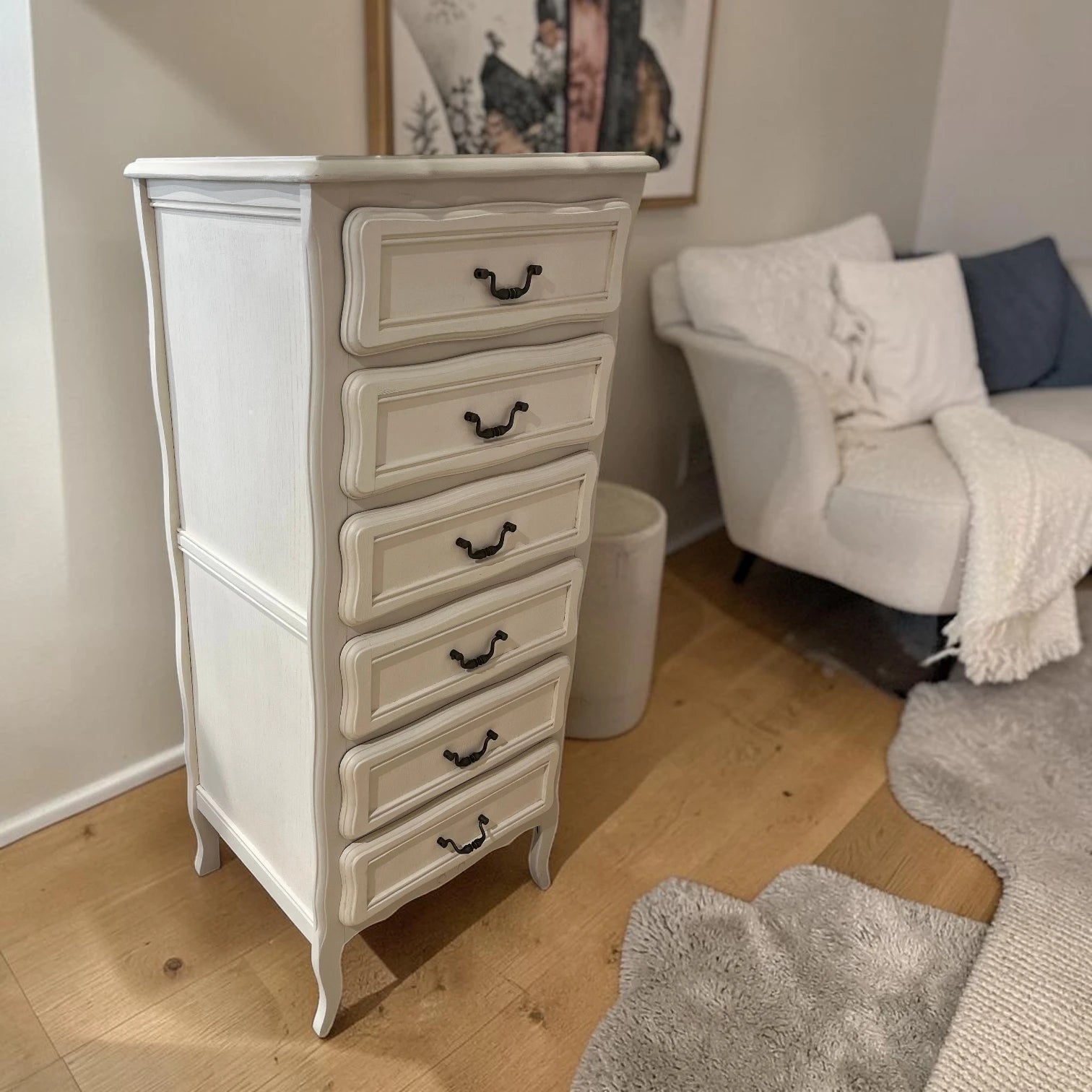 Commode haute / Semainier 6 tiroirs - Blanc - Style Romantique