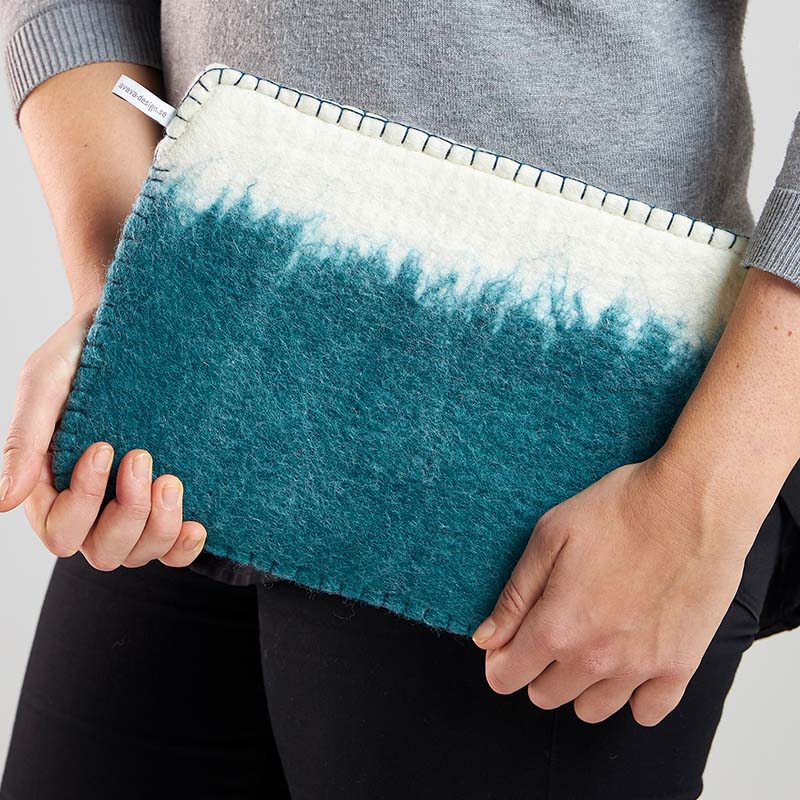 Etui ordinateur portable 14", bleu petrole et naturel