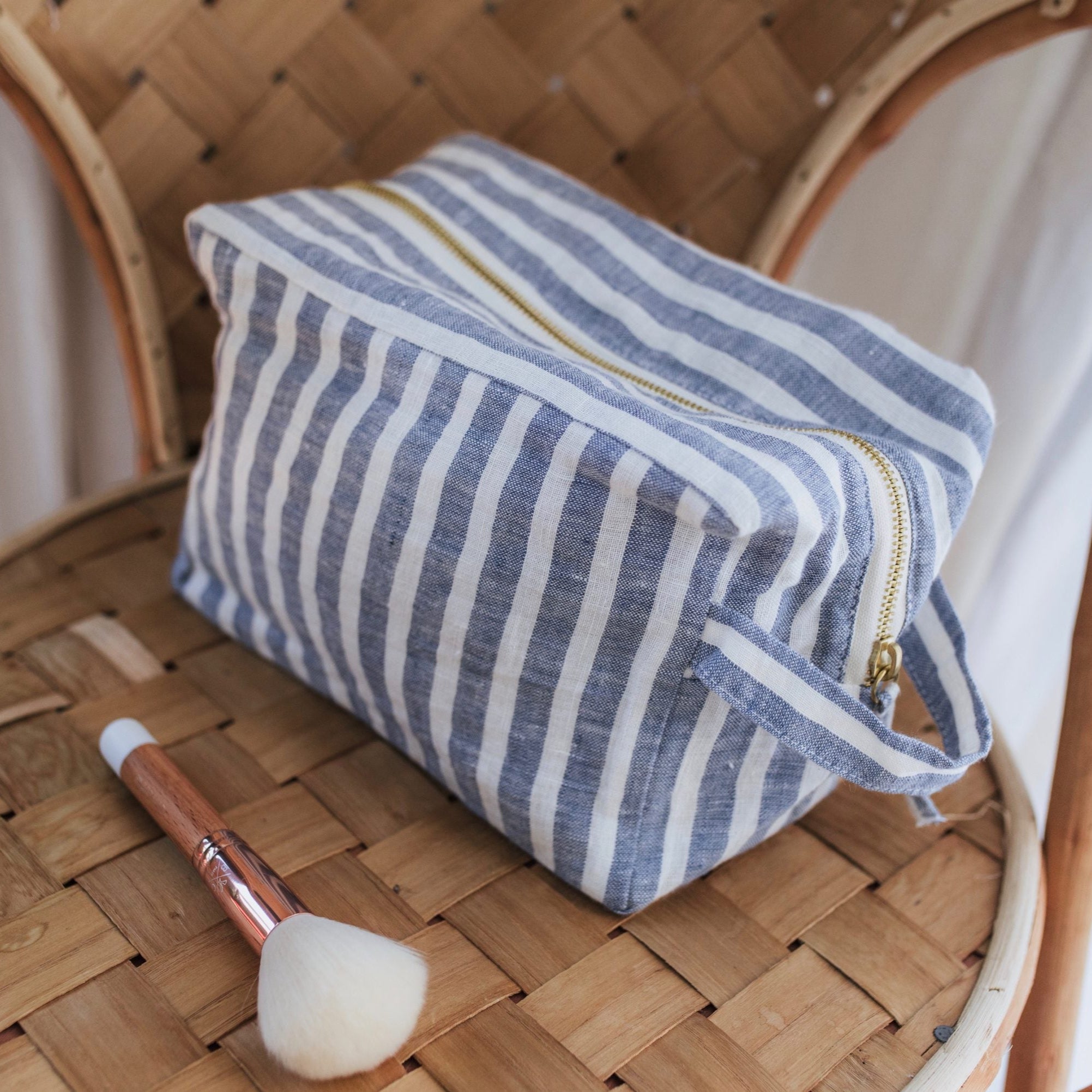 Trousse de toilette en lin - Rayé Bleu et Blanc