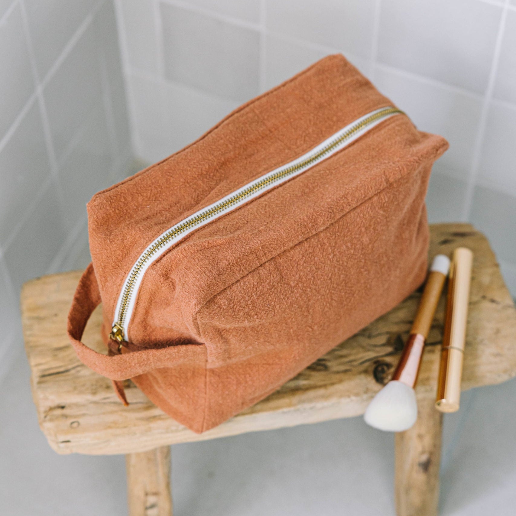 Trousse de toilette en lin - Terracotta