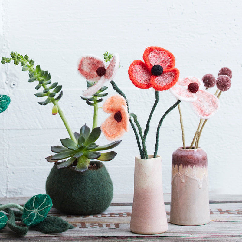 Fleur en laine - Coquelicot rouge corail