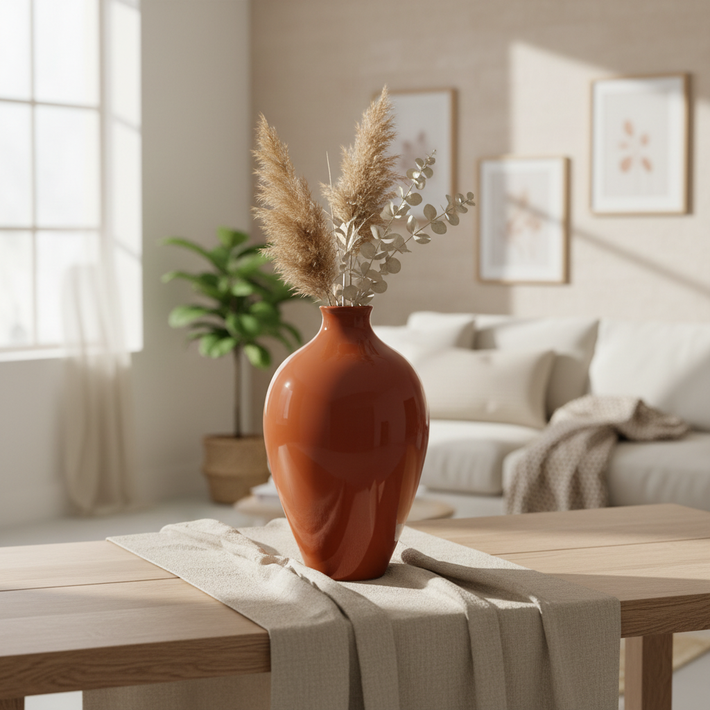 Vase en verre recyclé terracotta de 31 cm mis en situation sur une console en bois clair, dans un intérieur chaleureux avec fleurs séchées