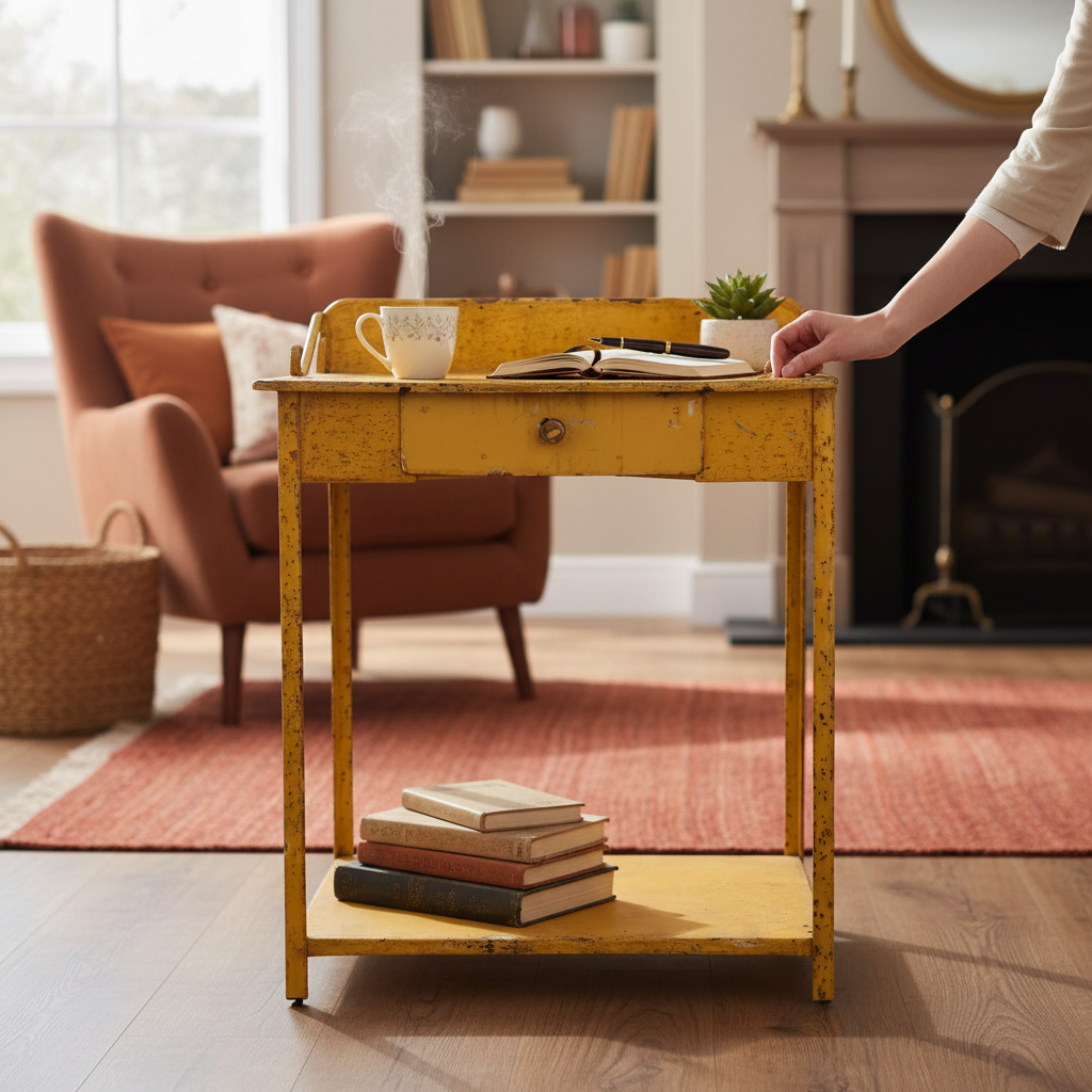 Table à rempoter NewUsed Collection en métal jaune vintage avec tiroir et étagère dans un salon chaleureux